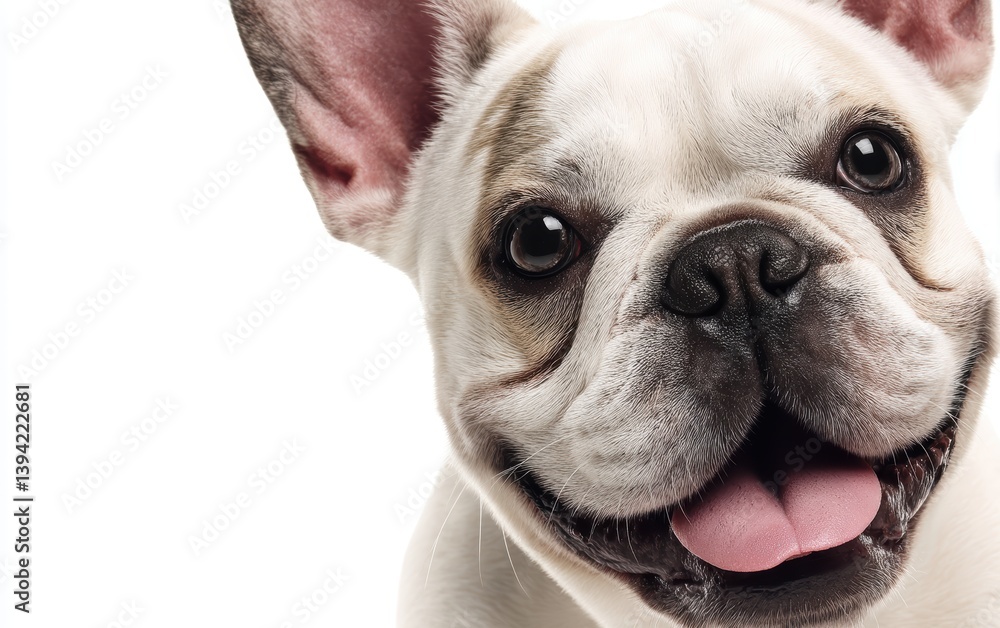 Fototapeta premium A close-up portrait of a happy French bulldog with big ears, pure white background