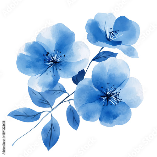  detailed watercolor illustration featuring three blue flowers with soft gradient tones and delicate black stamens, accompanied by elegant blue-green leaves on thin stems