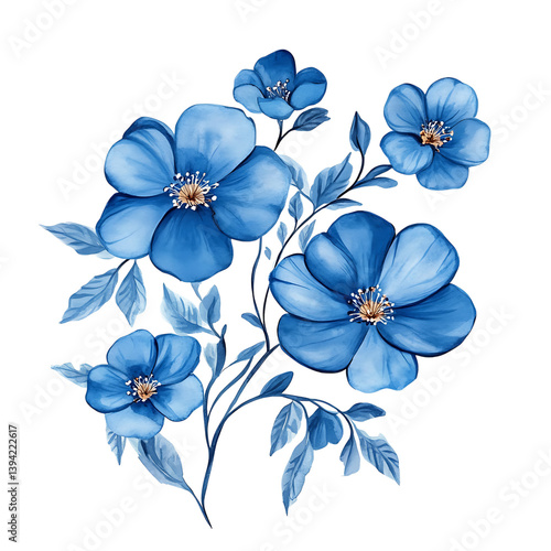 Obraz na płótnie detailed watercolor illustration featuring three blue flowers with soft gradient tones and delicate black stamens, accompanied by elegant blue-green leaves on thin stems w salonie