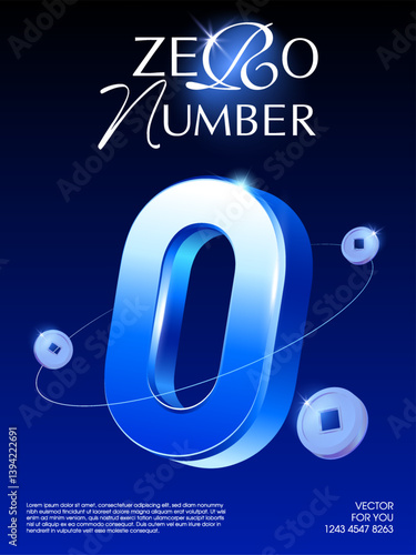 3d 0 percent in metal with coins flying around, isolated on dark blue background. Zero percent interest rate for banking and credit shopping banner background. 3d number letter. Vector illustration