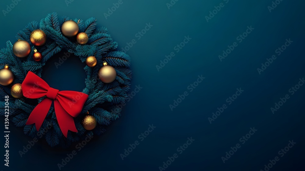 Naklejka premium Elegant Christmas Wreath Gold Ornaments Red Bow Teal Background Holiday Decoration