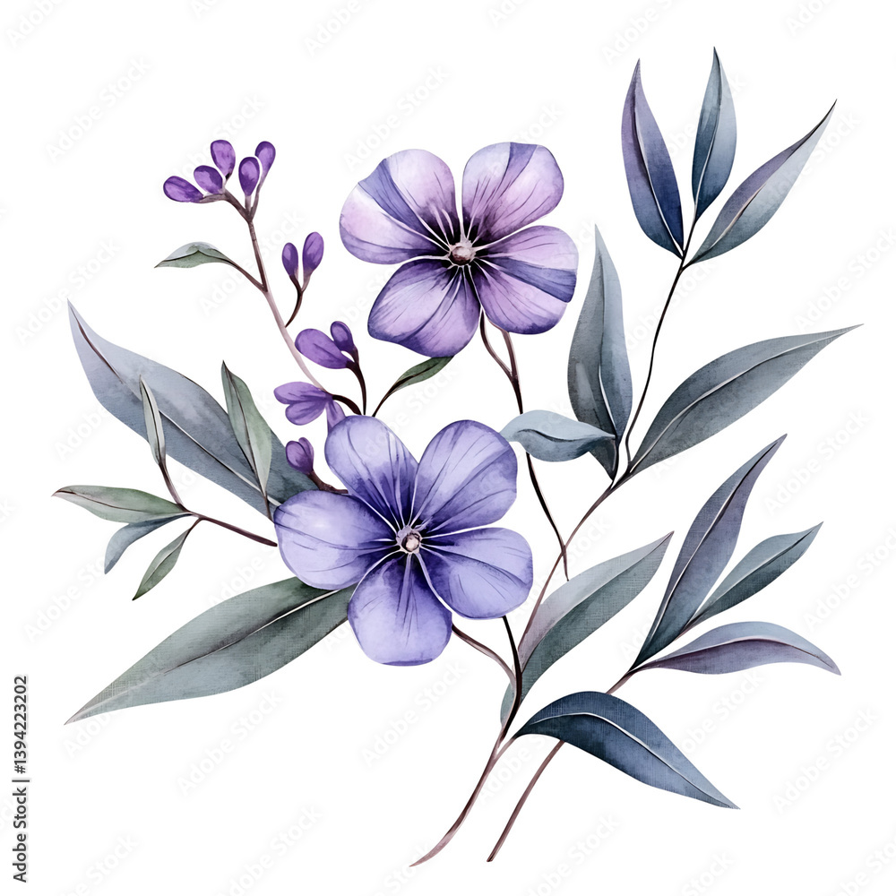 Three vibrant purple flowers arranged in a curved composition with green leaves and buds, painted in elegant watercolor style resembling a decorative floral wreath