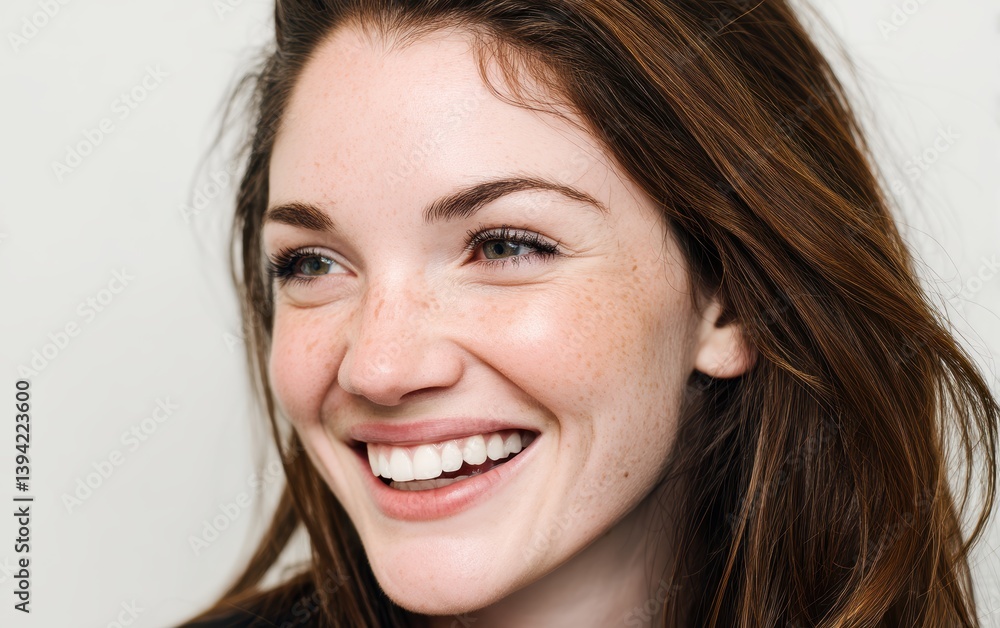 A close-up portrait of a smiling young woman with long brown hair, pure white background A close-up portrait of a smiling young woman with long brown hair, pure white background