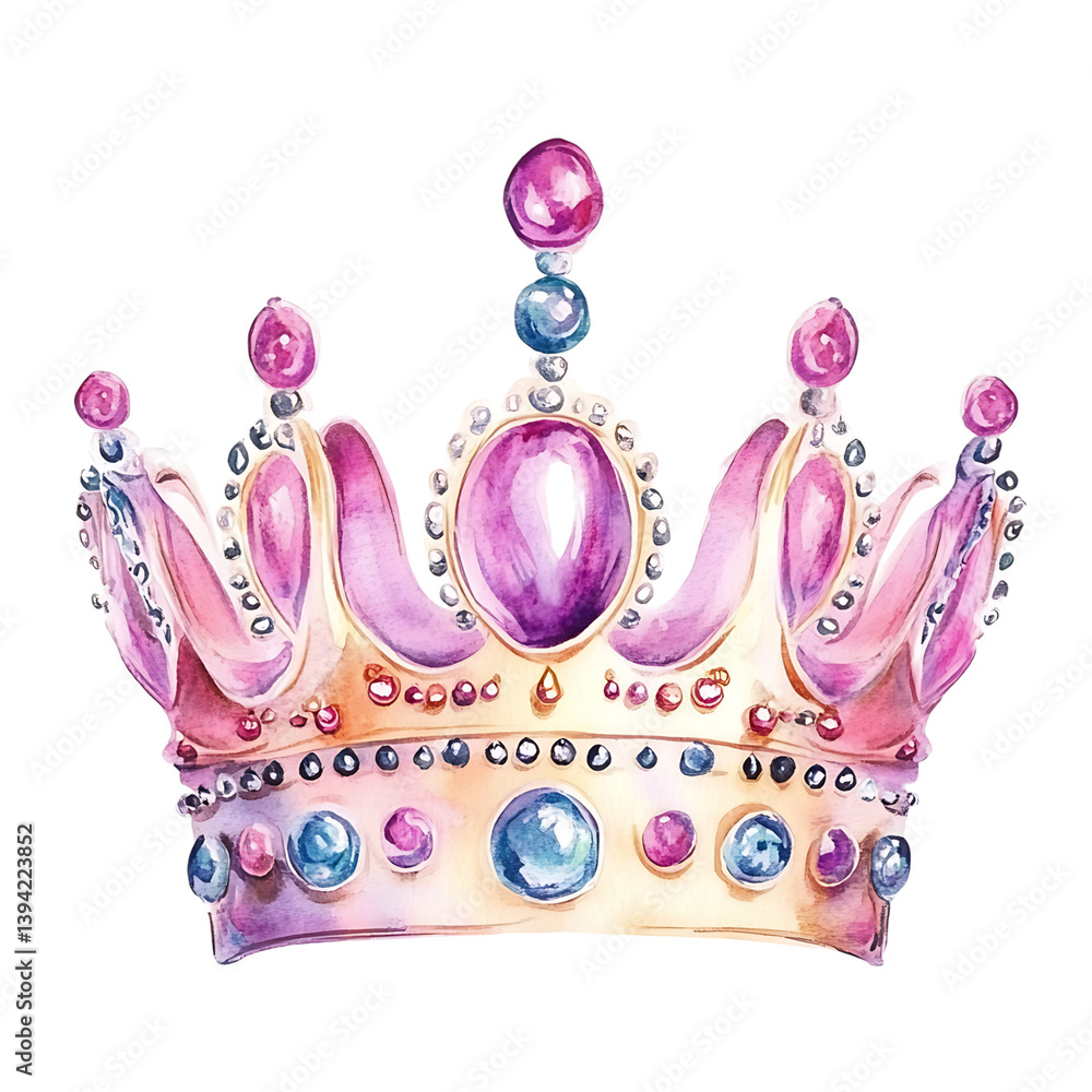 A golden crown richly decorated with pink gemstones, pearls, and ornamental flourishes painted in a detailed watercolor style, symbolizing royalty and elegance