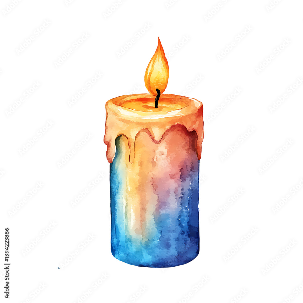 A rainbow-colored cylindrical candle illustrated in watercolor style, with a bright flame and soft wax drips melting over the top, set against a black background