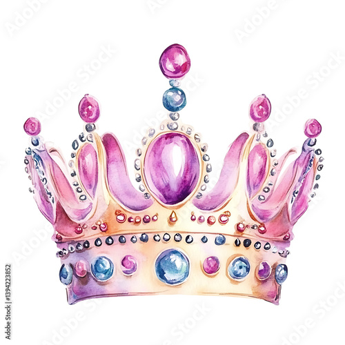 Obraz na płótnie A golden crown richly decorated with pink gemstones, pearls, and ornamental flourishes painted in a detailed watercolor style, symbolizing royalty and elegance w salonie