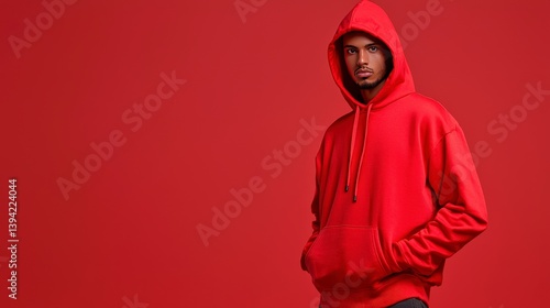 Wallpaper Mural Young man in bright red hoodie stands confidently against a solid red background, showcasing casual streetwear style and attitude Torontodigital.ca
