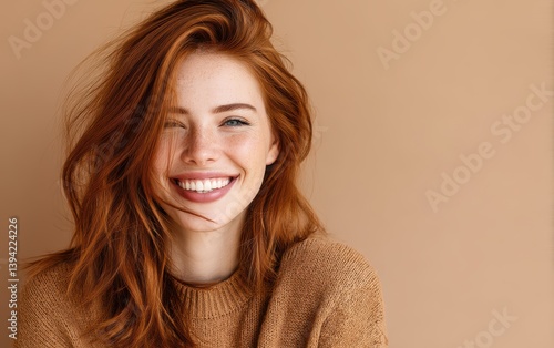 A happy portrait of a girl with copper-colored hair, pastel warm beige background