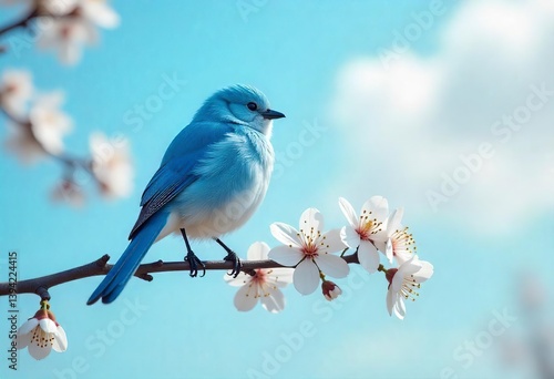 Fluffy Blue Bird on Cherry Blossom Branch with White Flowers and Soft Bokeh Sky – Serene Spring Nature Scene