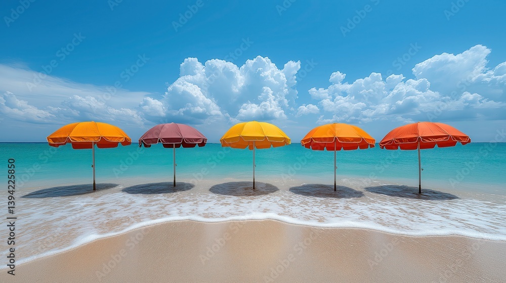 Vibrant beach umbrellas lined along sandy shore with turquoise waves and sunny blue sky in the background Vibrant beach umbrellas lined along sandy shore with turquoise waves and sunny blue sky in the background