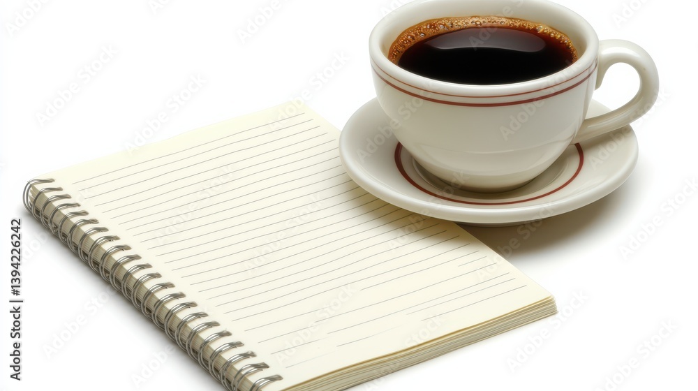 Coffee Cup and Blank Notebook on White Background for Productivity and Inspiration Themes Coffee Cup and Blank Notebook on White Background for Productivity and Inspiration Themes