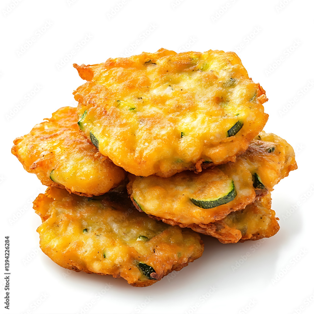 Golden and crispy zucchini fritters with a light batter and tender zucchini inside, isolated white background, hyperrealism art style Golden and crispy zucchini fritters with a light batter and tender zucchini inside, isolated white background, hyperrealism art style