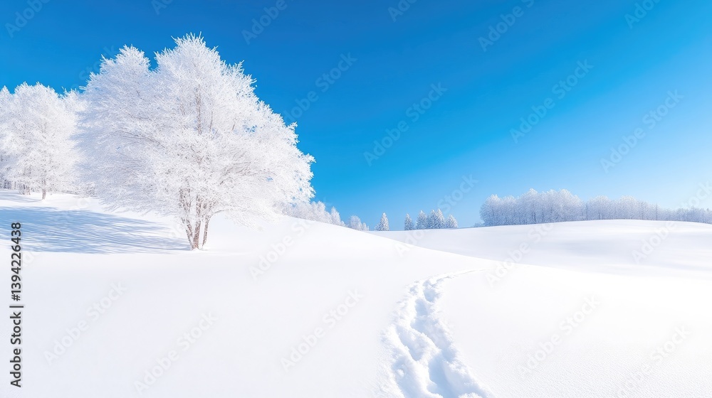 Pristine winter landscape, snow-covered trees, and a clear blue sky. Pristine winter landscape, snow-covered trees, and a clear blue sky.