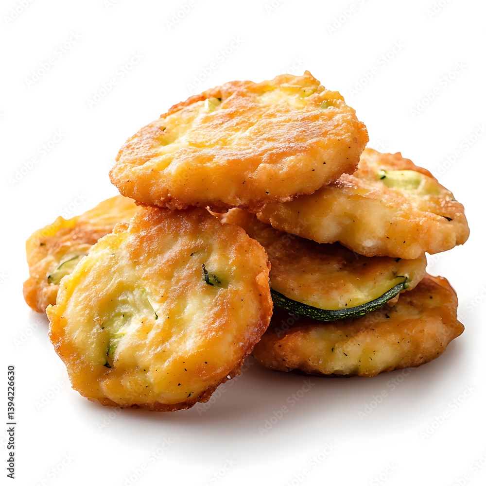 Golden and crispy zucchini fritters with a perfectly fried batter and tender zucchini inside, isolated white background, hyperrealism art style Golden and crispy zucchini fritters with a perfectly fried batter and tender zucchini inside, isolated white background, hyperrealism art style