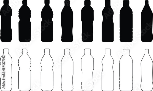 Plastic bottle black icon set . Vector flat style signs of drinking water or bottled water beverage template design elements, Natural and healthy lifestyle concept, isolated on transparent background,