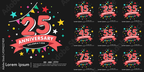Set of 15-95th years anniversary celebration emblem. anniversary logo isolated with colorful stars and bunting flag and ribbon. vector illustration template design for web, flyers, poster, invitation 
