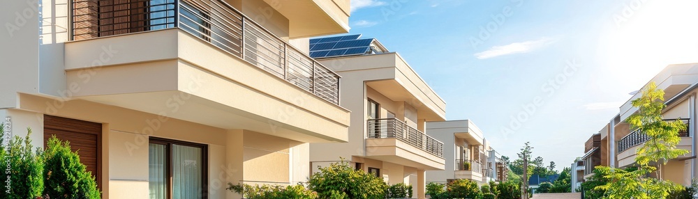 Fototapeta premium Modern Residential Architecture with Solar Panels in a Sunny Neighborhood Setting and Clear Sky