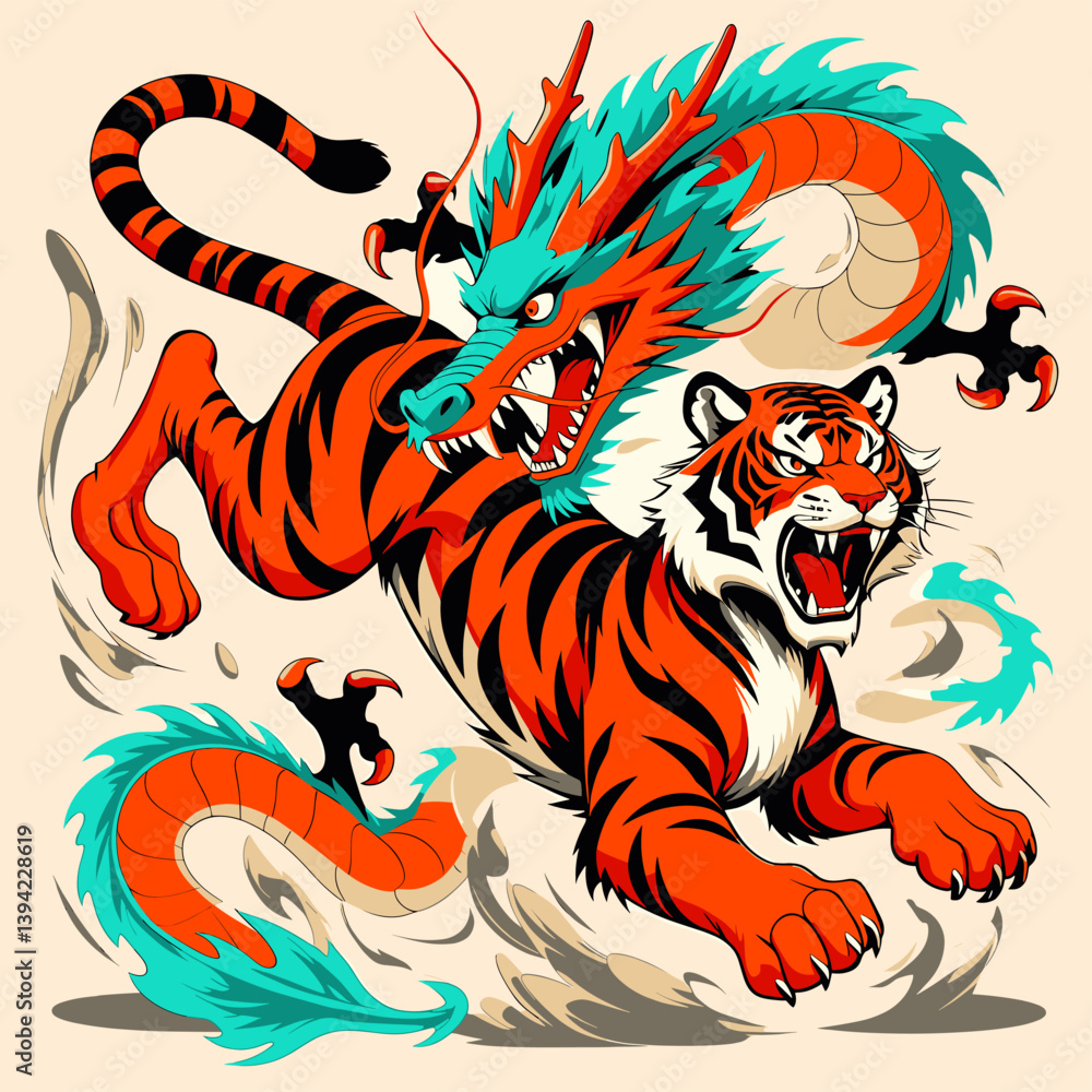 Fototapeta premium Stylized Dragon and Tiger Clash, Orange Stripes, Turquoise Mane, Dynamic Pose