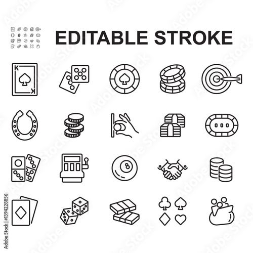 Gambling icons collection. Thin line style vectors. Contains icons such as playing cards, dice, gambling table and more.