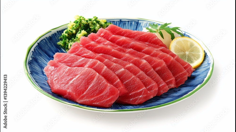 Slices of raw tuna on a plate with garnish Slices of raw tuna on a plate with garnish