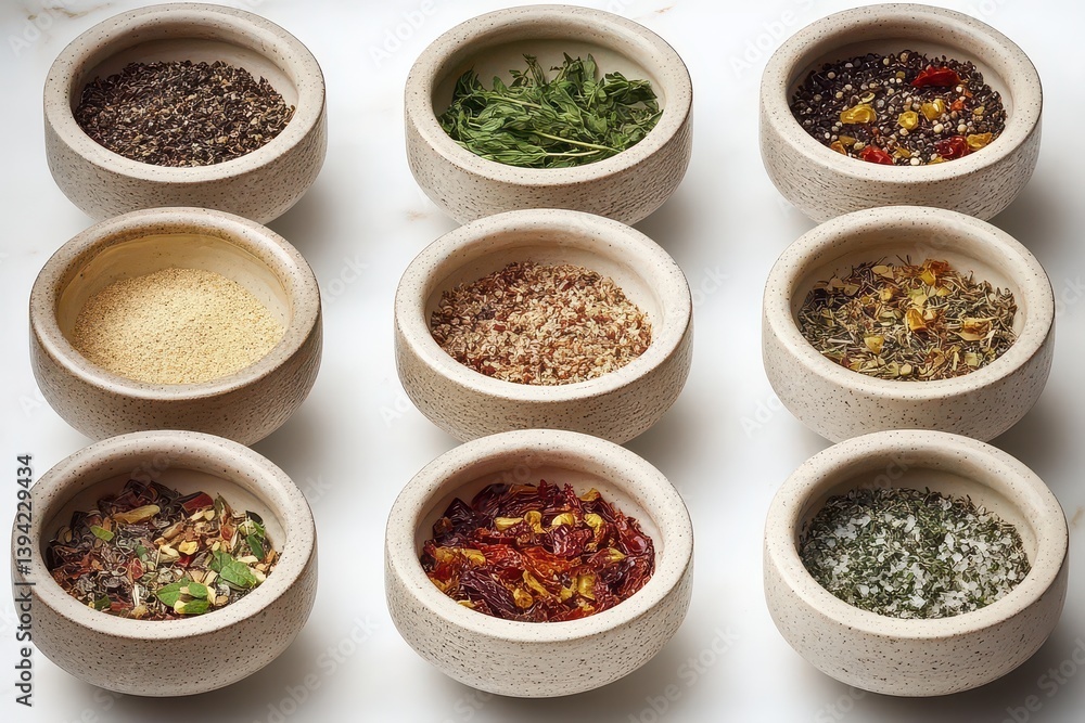 Aesthetic arrangement of various spices in textured bowls on a marble surface, showcasing culinary diversity Aesthetic arrangement of various spices in textured bowls on a marble surface, showcasing culinary diversity