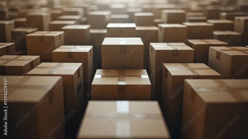 Fototapeta premium Abundant Rows of Cardboard Boxes in a Warehouse Setting with Soft Lighting and Depth Perspective Focus