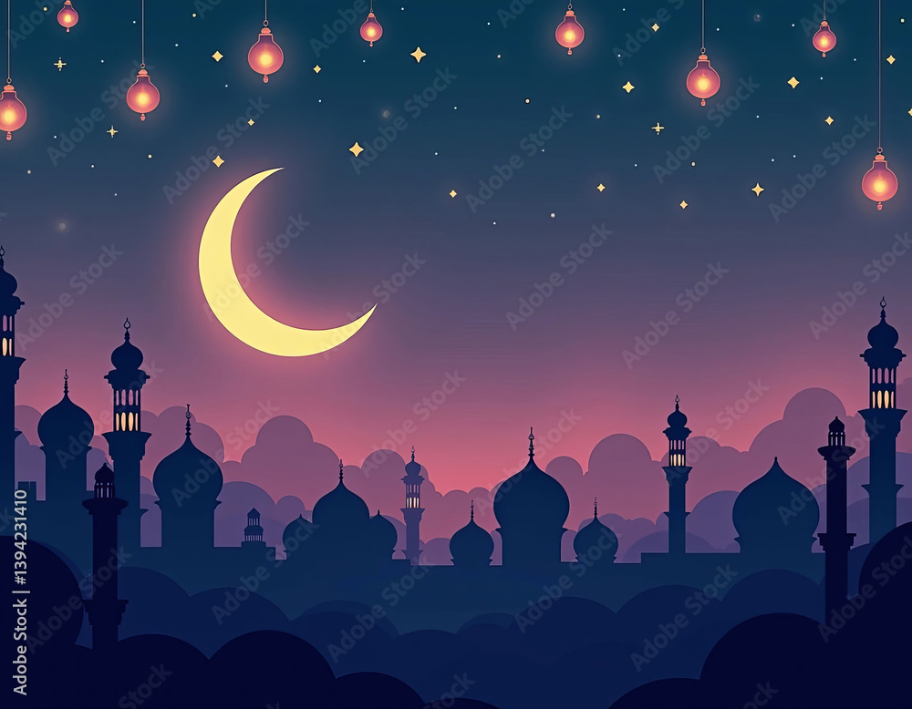 Beautiful nighttime silhouette of a mosque with a crescent moon and lanterns hanging in the starry sky over mountains Beautiful nighttime silhouette of a mosque with a crescent moon and lanterns hanging in the starry sky over mountains