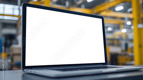 Open laptop with blank white screen placed on industrial workspace desk with blurred background of warehouse and production facility.