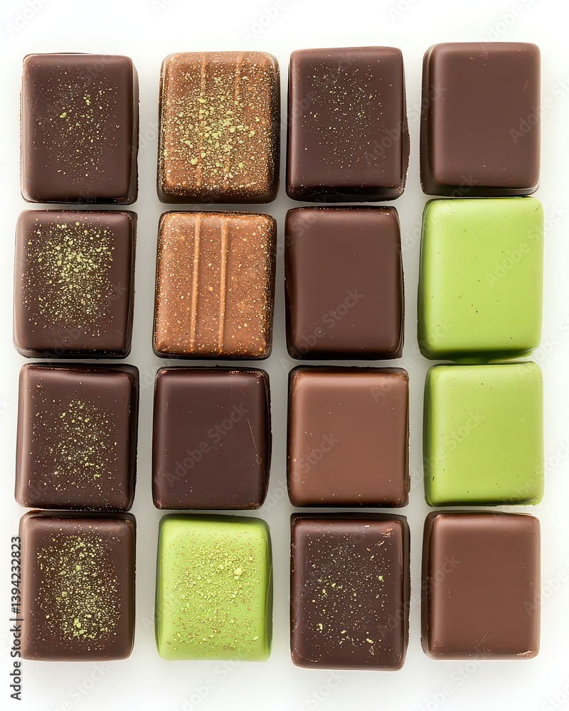 Fototapeta premium Assorted gourmet chocolates arranged in a grid pattern, showcasing various flavors and textures