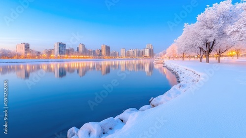 Winter morning cityscape reflected on a frozen lake.  Snow-covered trees line the shore of the tranquil lake, with modern buildings reflecting in the still water.  