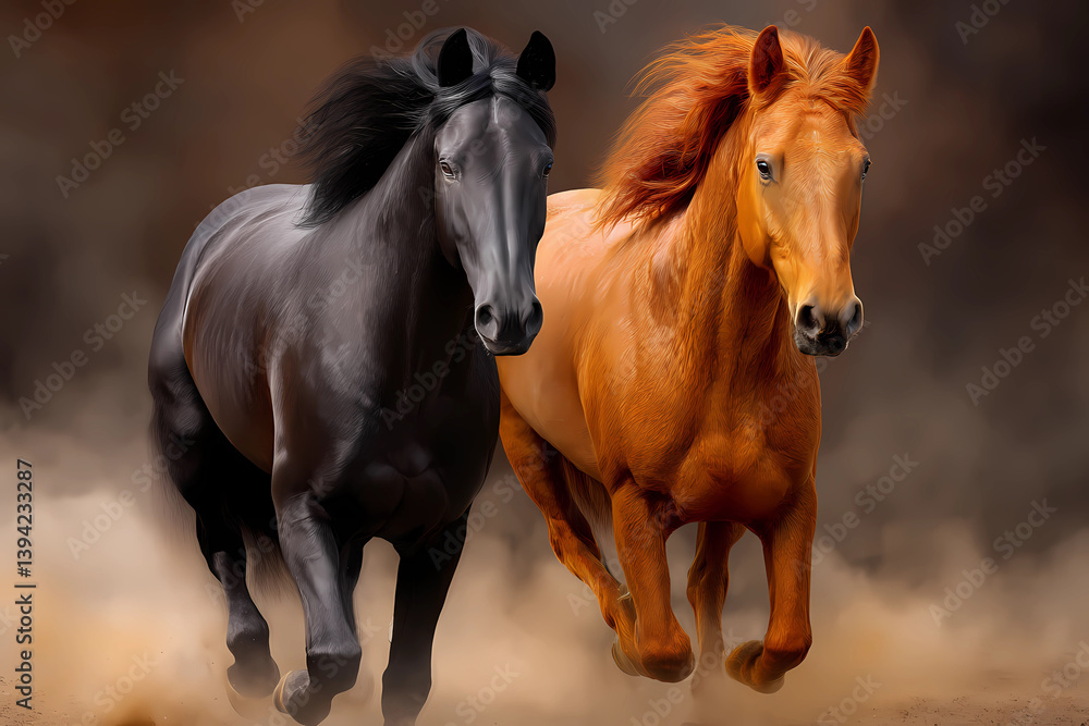 Obraz premium Two horses running in the sand