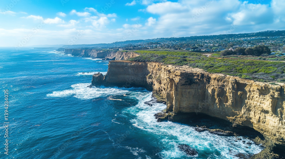 Dramatic Coastal Cliffs Above Deep Blue Ocean Under Sunny Sky with Waves Crashing Against Rock Formations