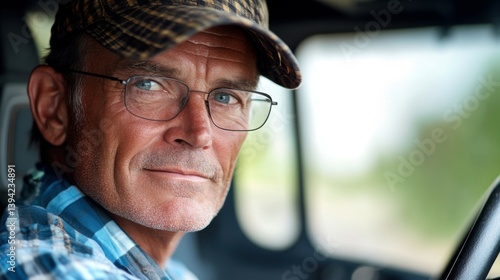 Portrait of adult truck driver man, cargo transportation