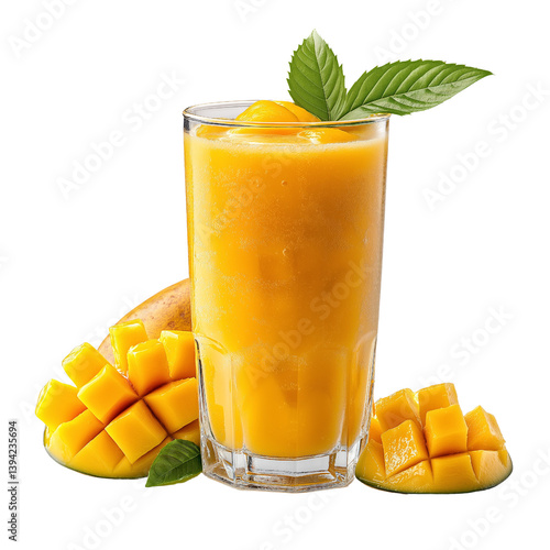Mango shake in a modern glass with pieces of mango, isolated on a transparent background.