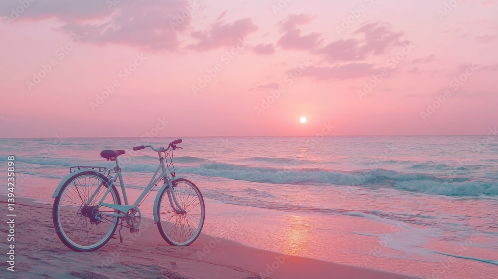 Fototapeta premium Bicycle on sandy sea coast against backdrop of pink idyllic sunset. Active vacation time