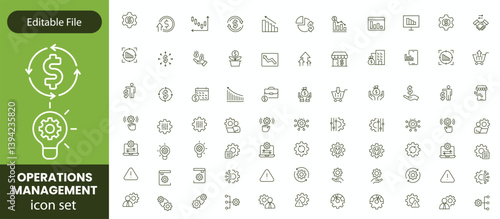 Operations management Editable Stroke icon collections. Containing production, logistics, supply chain, manufacturing, planning, inventory, strategy, customer satisfaction and cost icons.