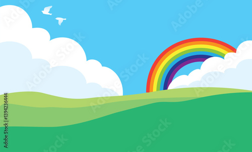 虹のかかる草原のベクターイラスト背景