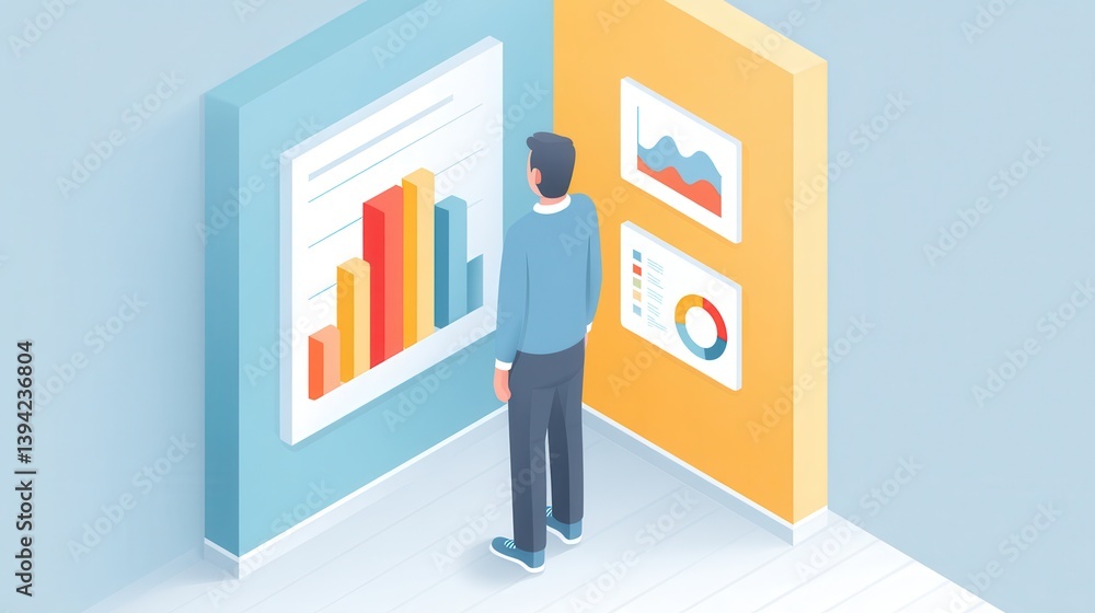 A person analyzes various data visualizations displayed on walls in an office or workspace setting. A person analyzes various data visualizations displayed on walls in an office or workspace setting.