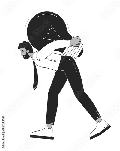 Professional black man carrying giant light bulb on back doodle linear character. Businessman struggling with lightbulb 2D vector outline person isolated. Hand drawn drawing illustration monochrome