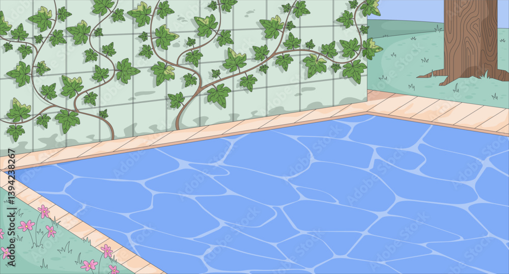 Obraz premium Lo-fi garden pond with tiled ivy wall flat illustration background. Clear blue water, calming peaceful vines leaves. Grassy lawn, tree trunk 2D cartoon backdrop. Colorful scene vector art image