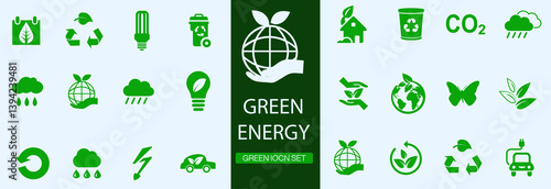 Green city icon. Set of icons for ecology, green energy, recycling, sustainability, electric vehicles. Solid vector icons.