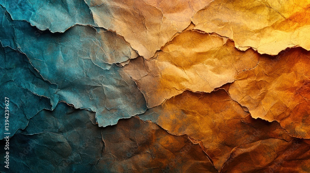 Fototapeta premium Textured wrinkled paper in teal and orange tones.