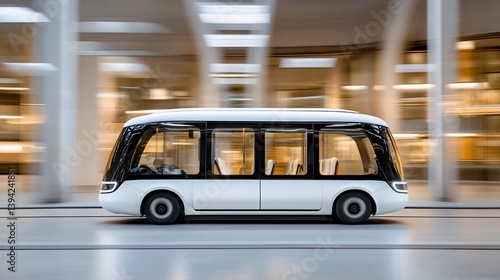 Modern autonomous shuttle moving through a city