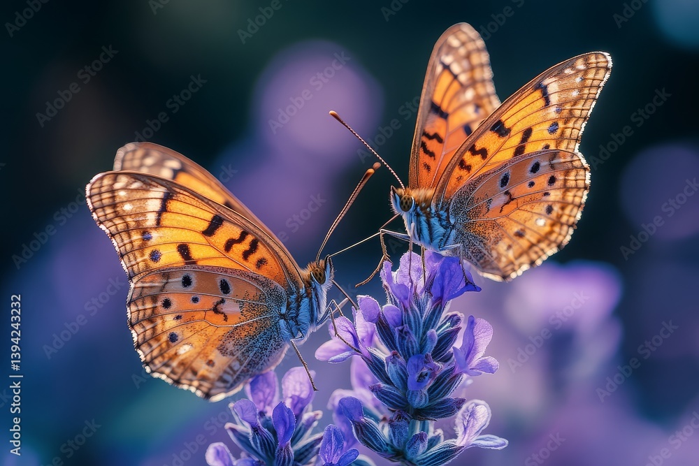 Obraz premium Two butterflies resting on a purple sage flower with soft sunlight and a blurred background, capturing the beauty of nature and peaceful moment.