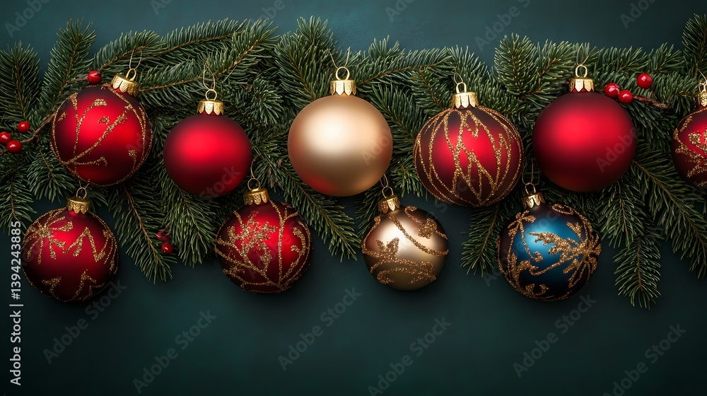 Fototapeta premium Christmas Ornament Garland Red Gold Green Fir Branches