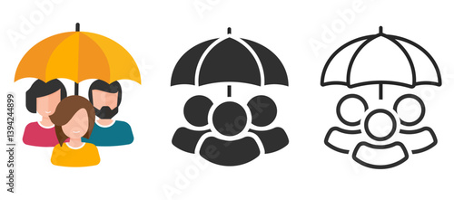 People under umbrella icon, family life insurance safety sign line stroke outline solid graphic illustration set, flat cartoon solid person group team safeguard protection pictogram image clip art