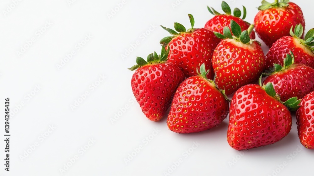 A group of strawberries in the corner of the frame, the rest is a pure white background A group of strawberries in the corner of the frame, the rest is a pure white background