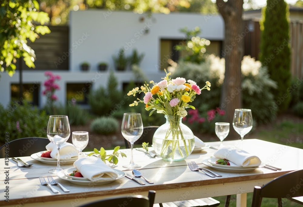 Fototapeta premium Elegant outdoor dining table set with flowers in a garden 