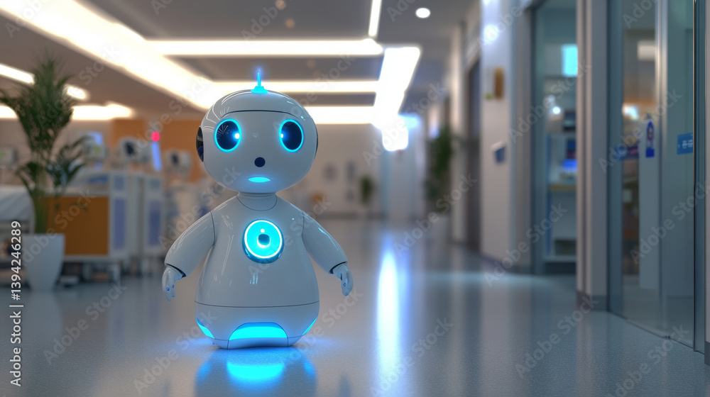 Innovative robotics display hospital corridor digital content modern environment eye-level view healthcare technology Innovative robotics display hospital corridor digital content modern environment eye-level view healthcare technology
