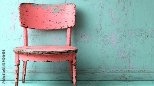 Vintage pink chair against teal wall.
